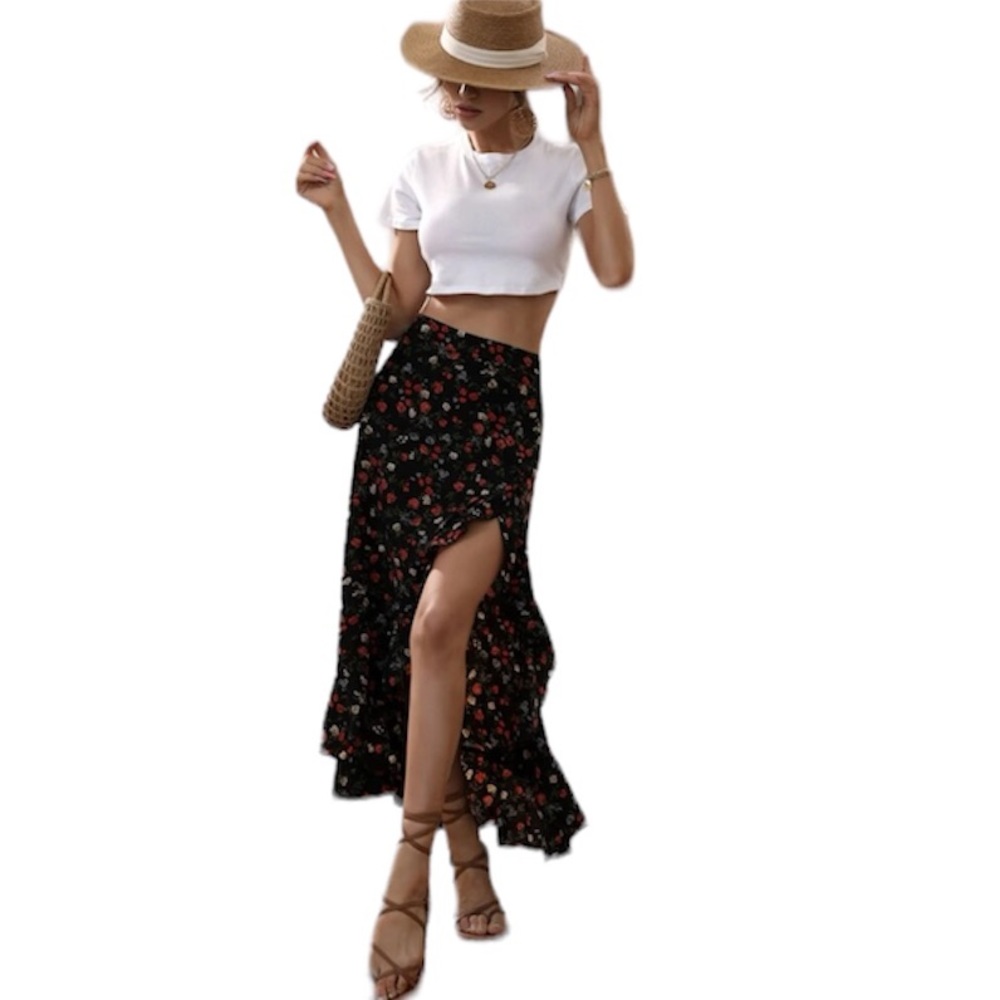 Ditsy Floral Print Ruffle Trim Asymmetrical Hem Skirt - Picture 5 of 7